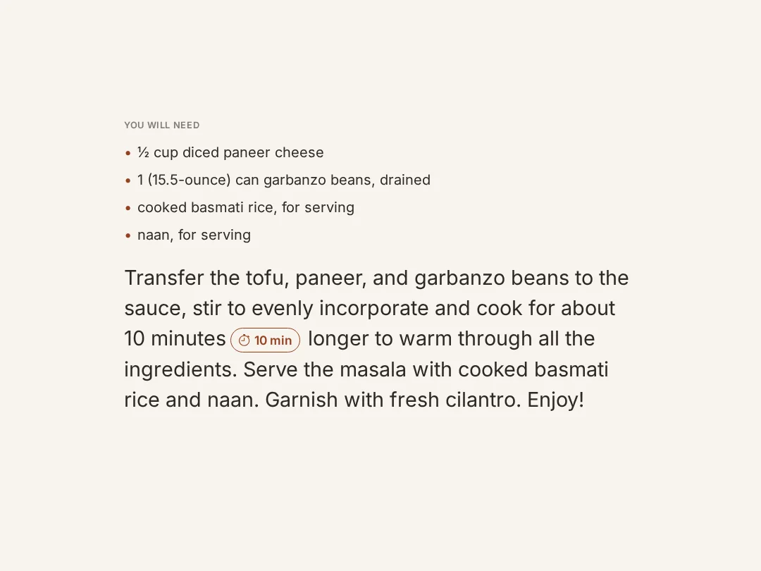 Cook Mode with step ingredients, one instruction, and a 10 minute timer control.