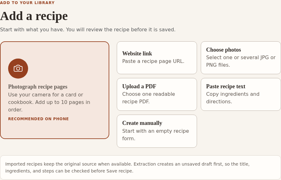 Recipe import choices for a website link, photos, PDF, pasted text, or manual entry.