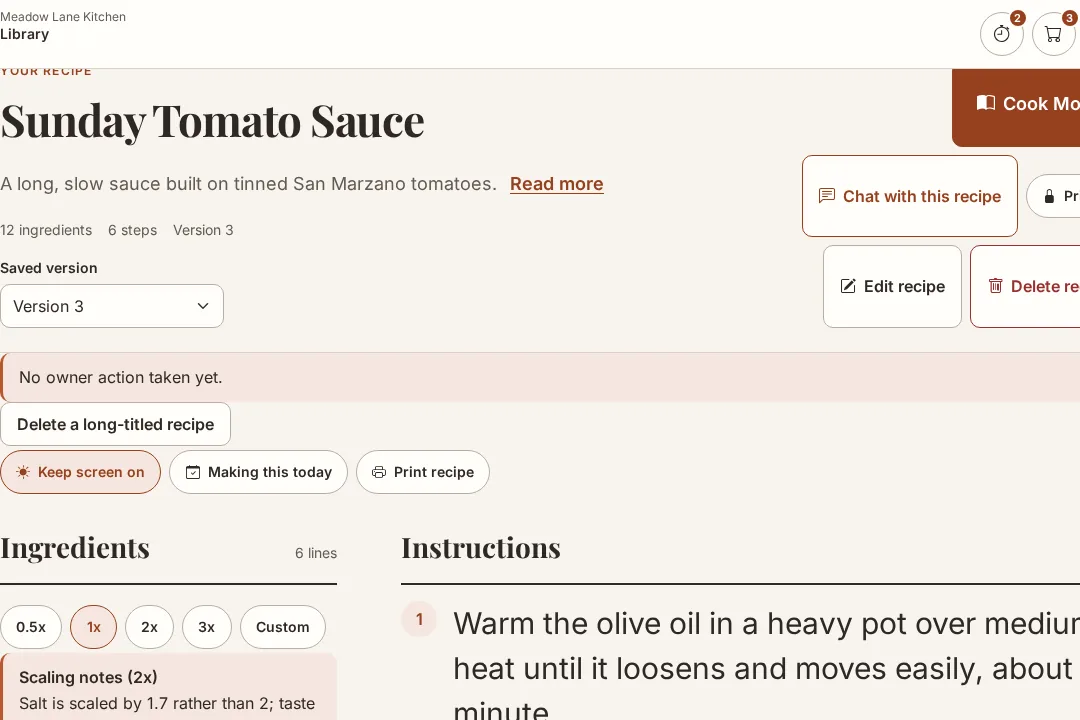Sunday Tomato Sauce recipe header with Version 3, Cook Mode, Edit recipe, and Delete recipe controls.