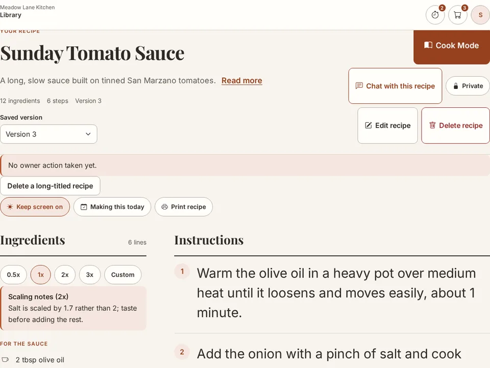 Sunday Tomato Sauce recipe header with Version 3, Cook Mode, Edit recipe, and Delete recipe controls.