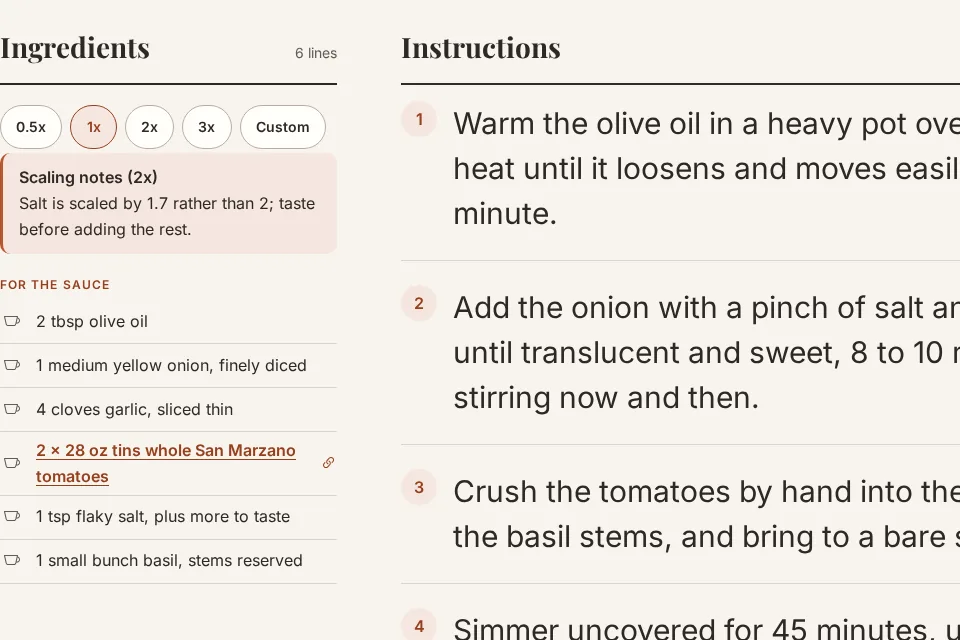 Recipe ingredients with scale controls and visible Scaling notes guidance.