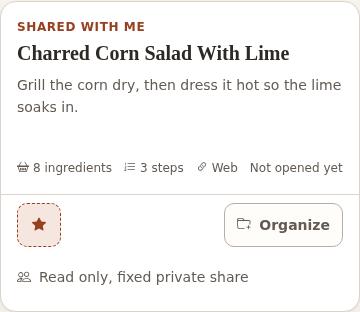 Charred Corn Salad With Lime card labeled Shared with me and Read only, fixed private share.