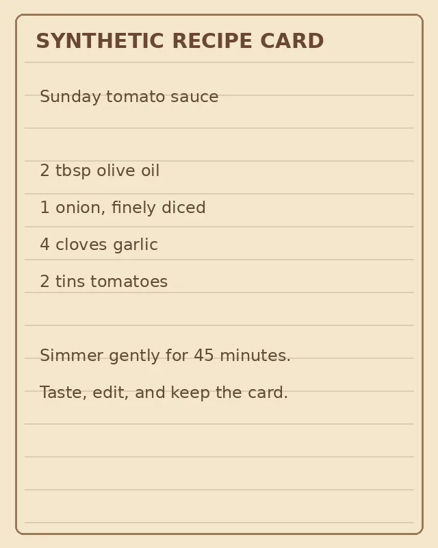 Synthetic recipe card shown as an example source, with no customer or family provenance.