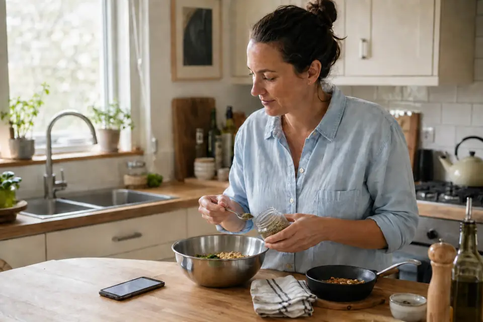 A home cook looking at a phone lying flat on the counter while scooping seasoning from a jar beside a stainless steel mixing bowl.