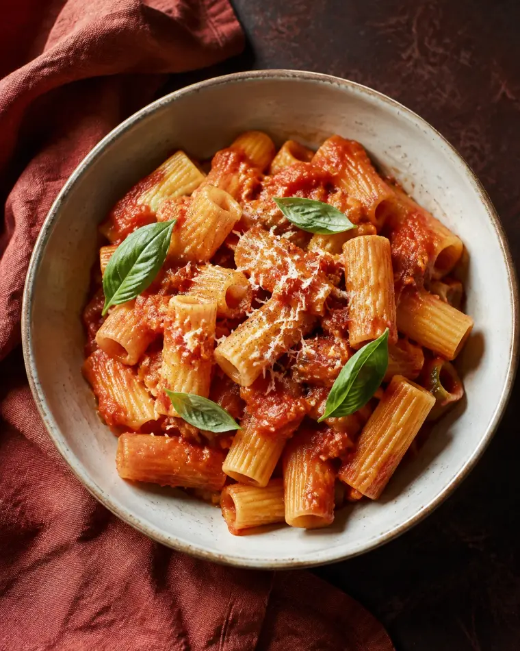 Tomato rigatoni with basil and Parmesan, ready for Sunday supper.